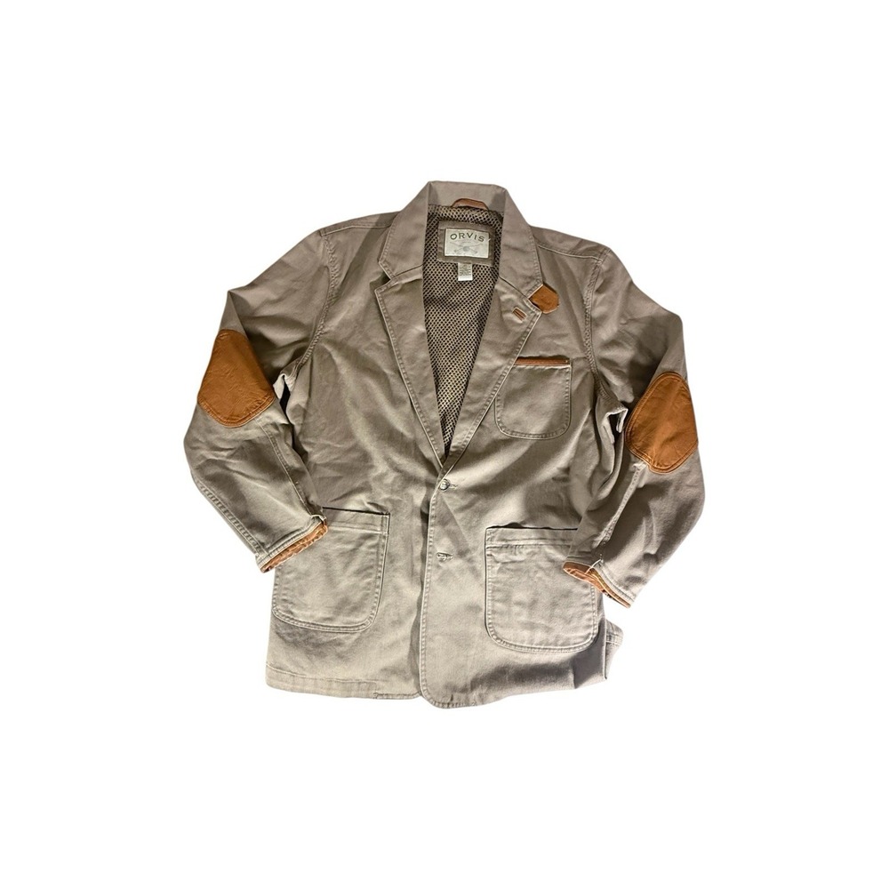 VINTAGE Orvis Jacket Adult Size 44 Khaki Fly Fishing Safari Leather Mens